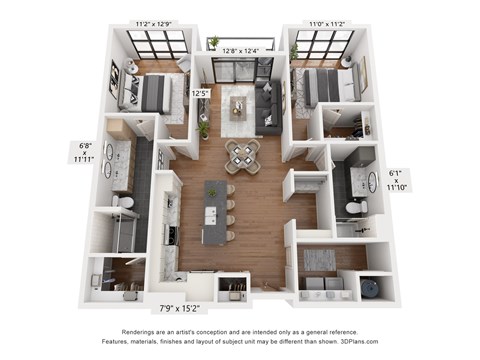 Floor plan for 2 beds, 2 baths, 1187 sqft